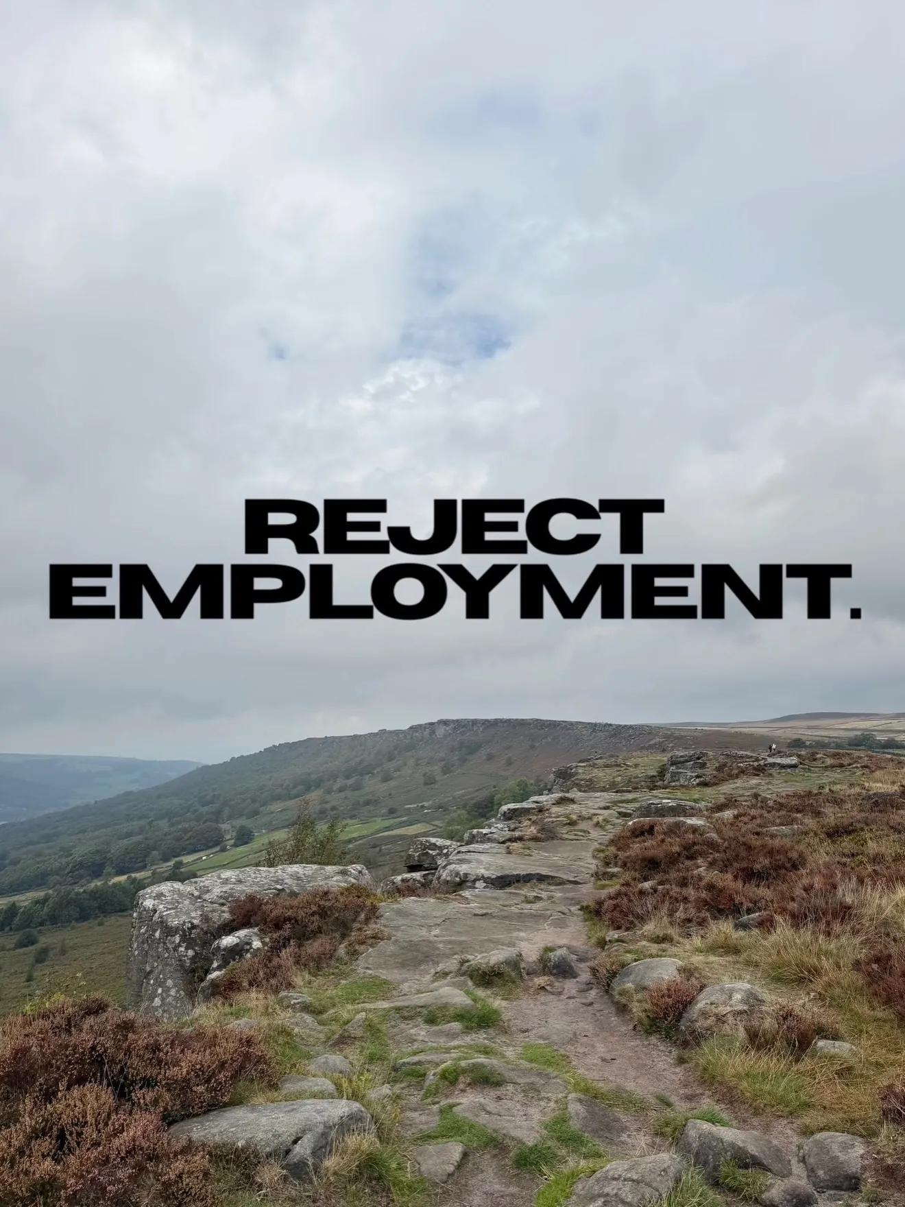 Reject Employment wordmark over a gritstone edge in the Peak District